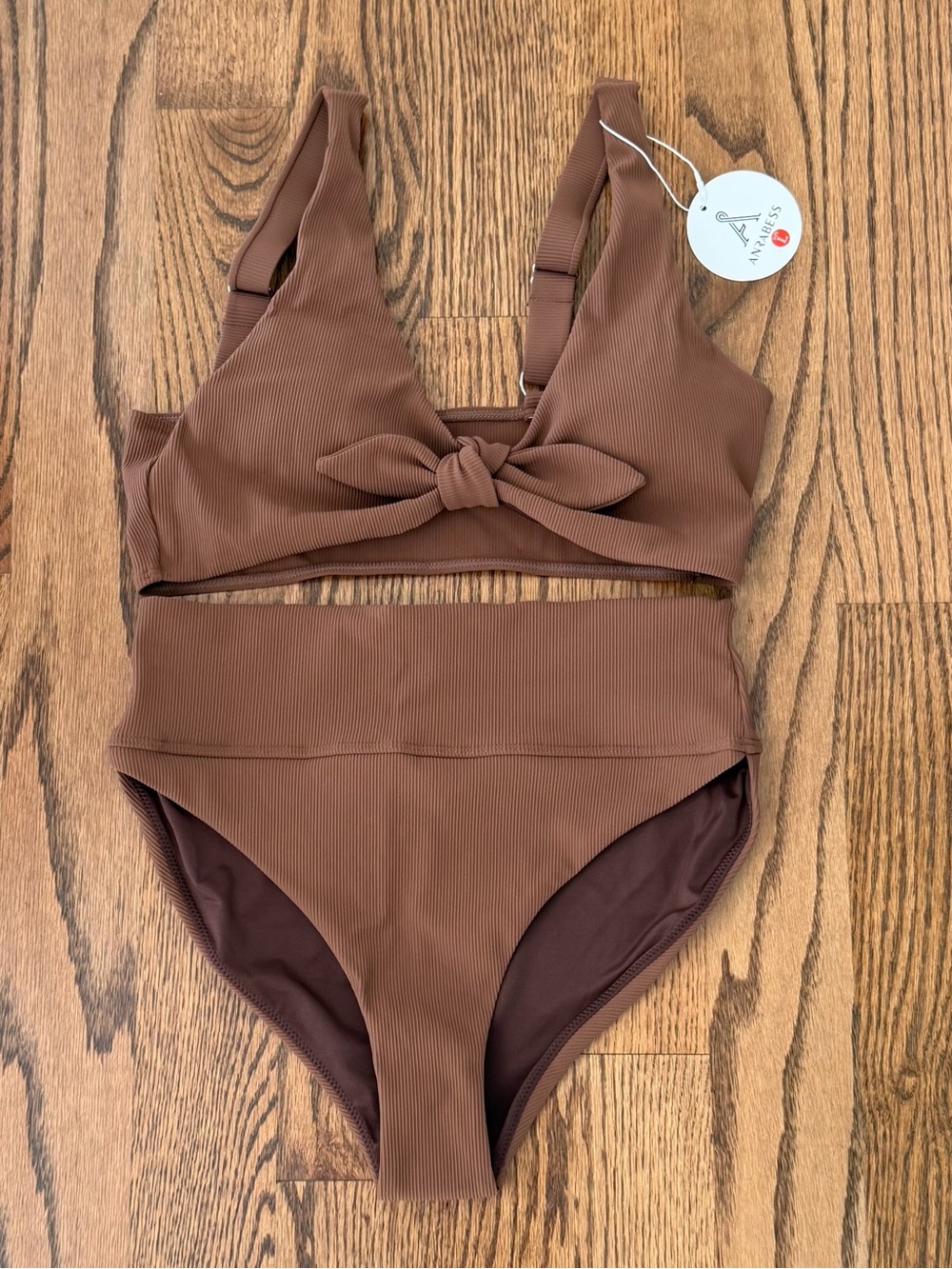 ANRABESS Brown Ribbed High Waist Bikini Set Size L NWT